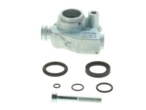 Bosch Anschlussstück mit verschiedenen O-Ringen und einer Schraube zur Befestigung, geeignet für Anwendungen in der Fahrzeugtechnik oder Maschinenbau.
